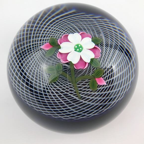Perthshire 1991E Pink and White Rose Lampwork Flower Latticinio Dome Paperweight - Picture 2 of 13